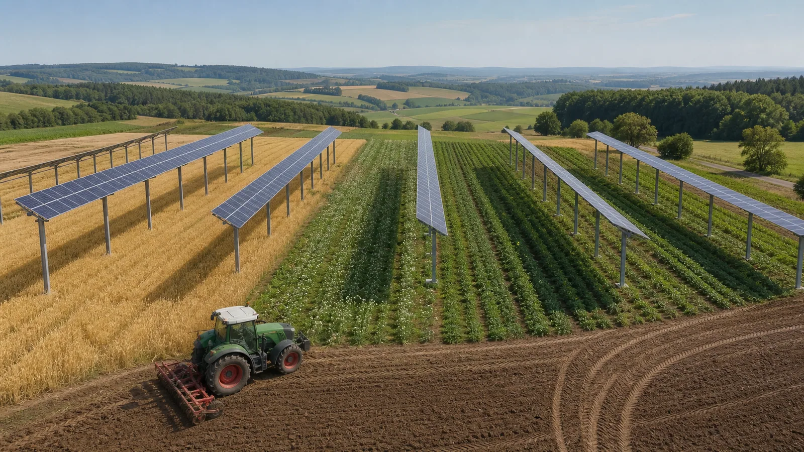 Feldfrüchte und große Bewirtschaftungsgassen zwischen Agri-PV-Reihen