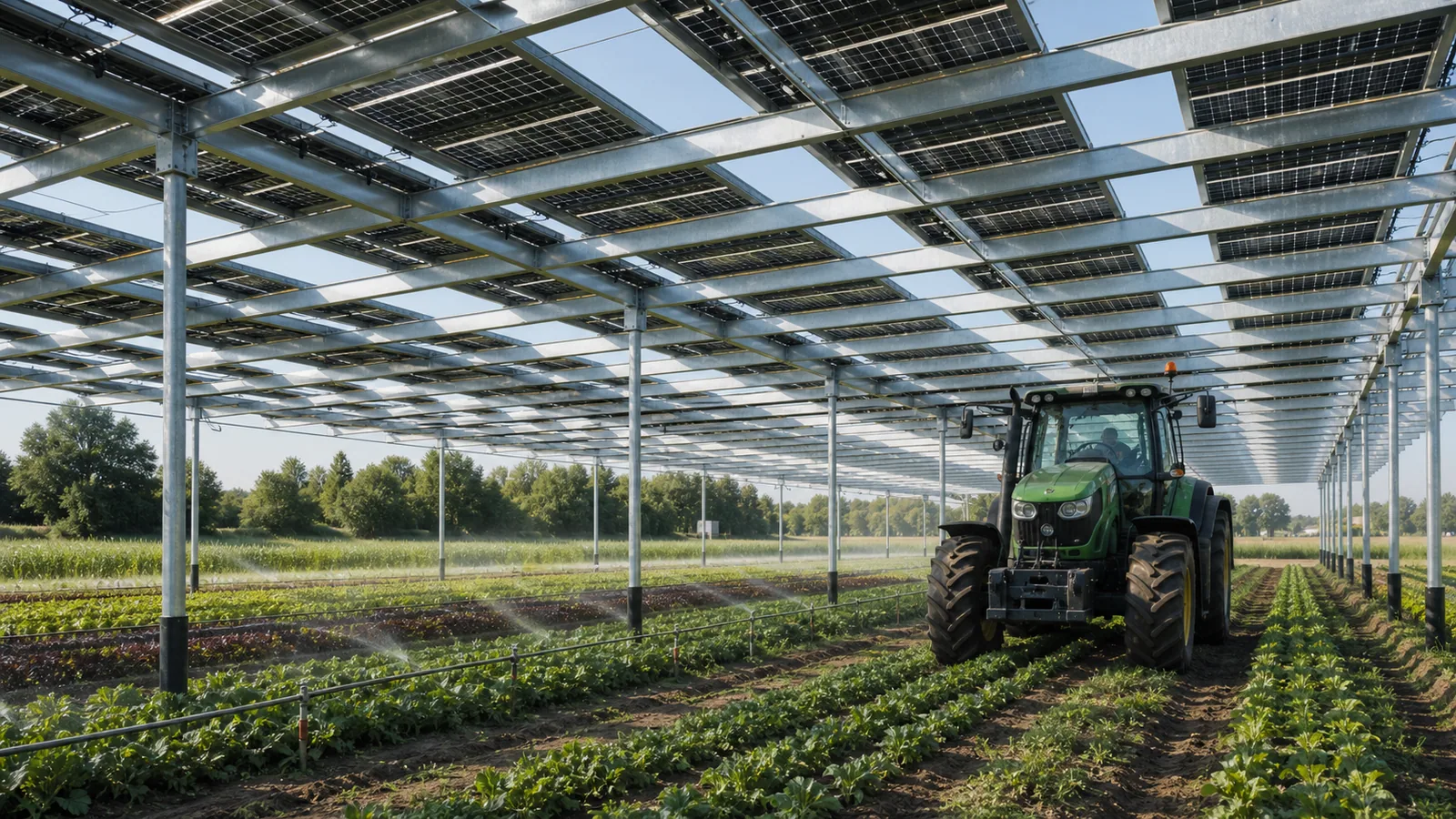 Traktor und Gemüsekulturen unter einer hoch aufgeständerten Agri-PV-Anlage