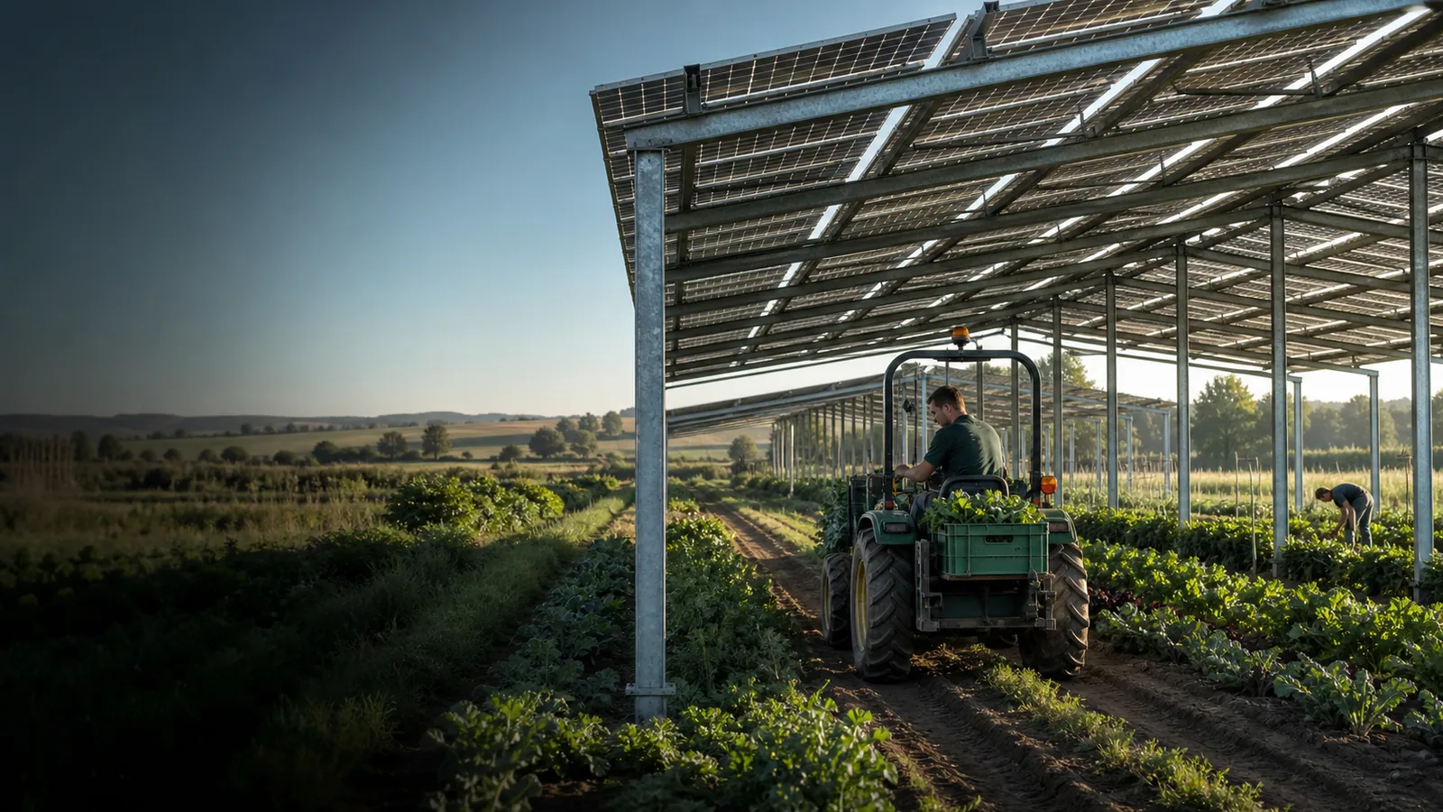 Gemüseanbau und Feldarbeit unter einer hoch aufgeständerten Agri-PV-Anlage