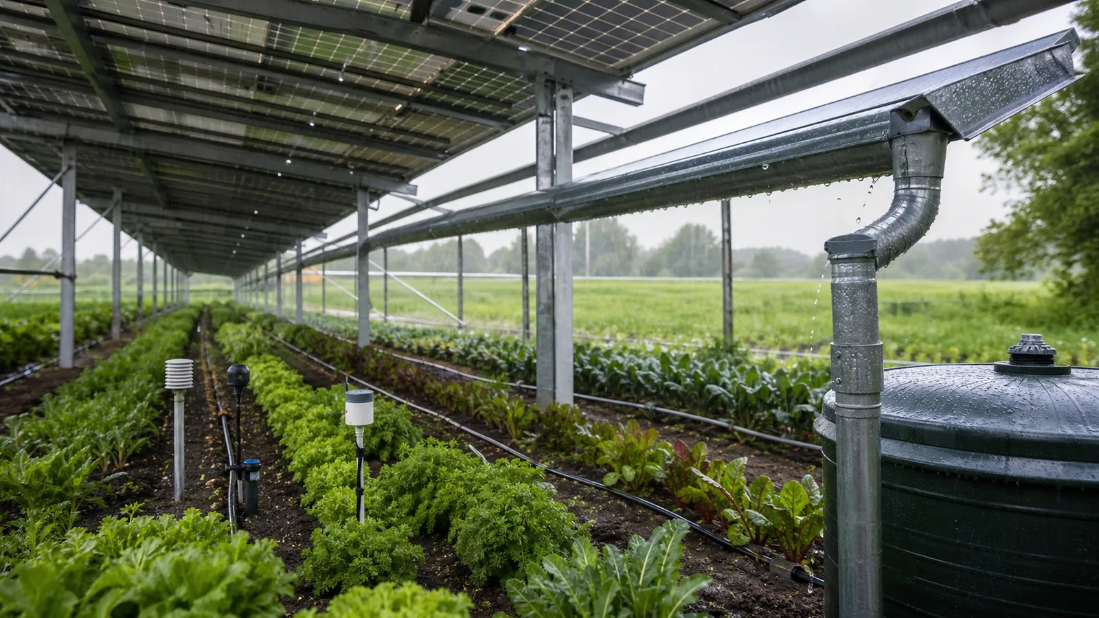 Regenrinne, Wasserspeicher und Klimasensoren unter einer Agri-PV-Anlage