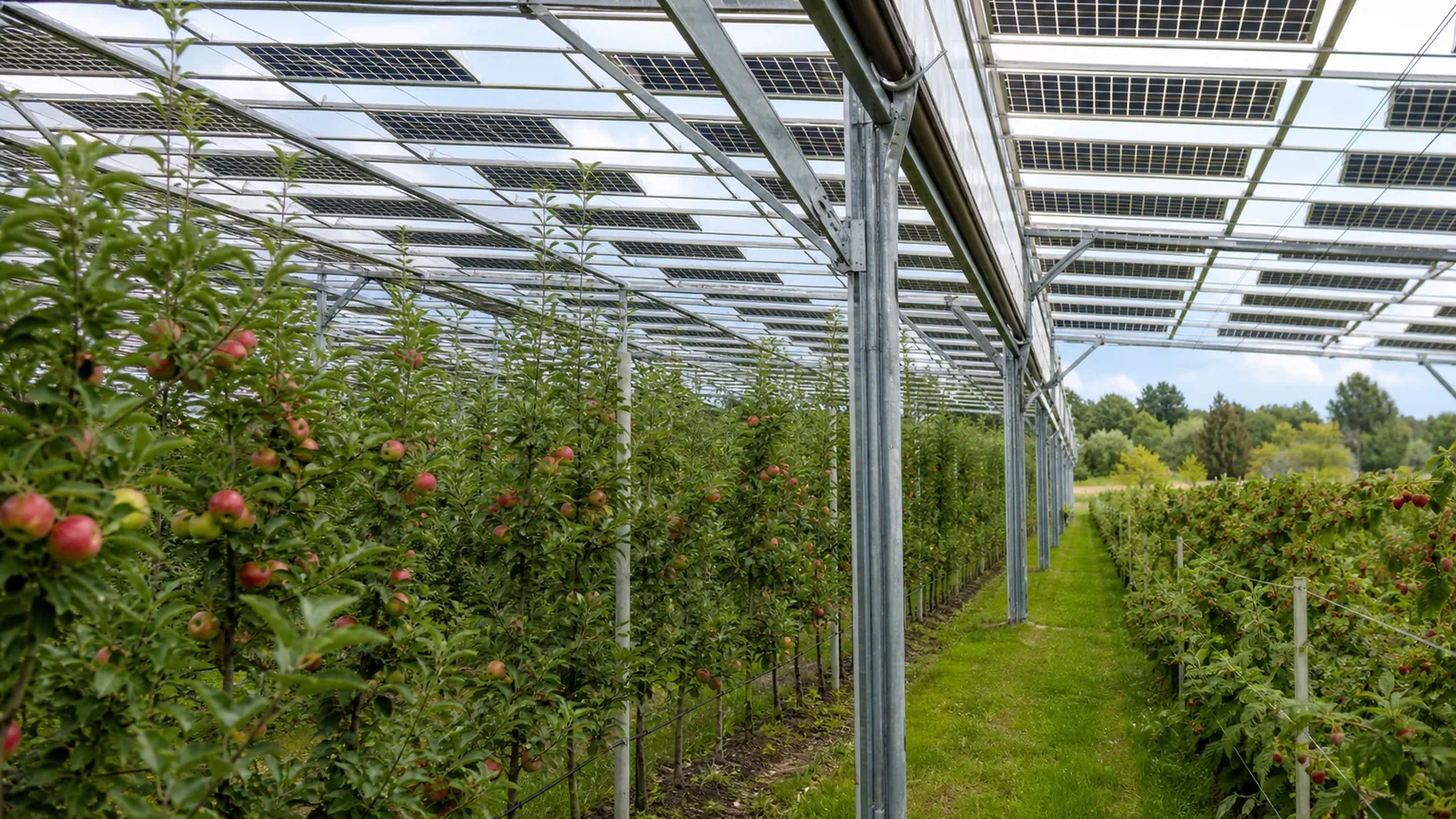 Apfelbäume und Beerenreihen unter einem transparenten Agri-PV-Schutzdach