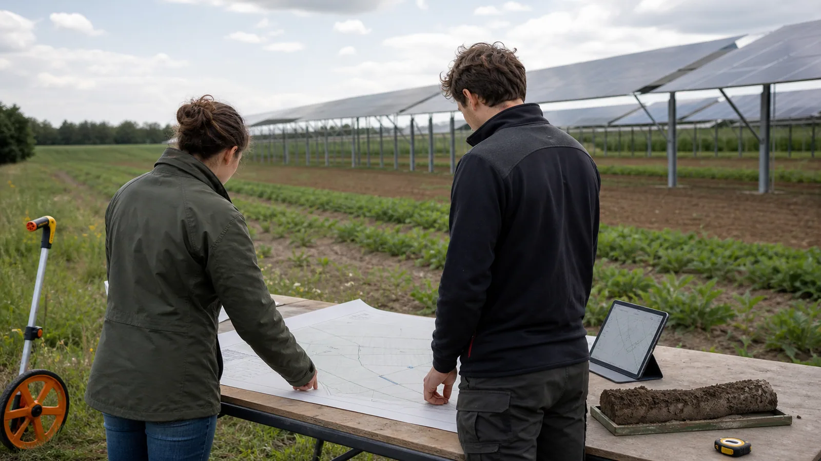 Projektteam gleicht einen Flächenplan mit der landwirtschaftlichen Nutzung ab
