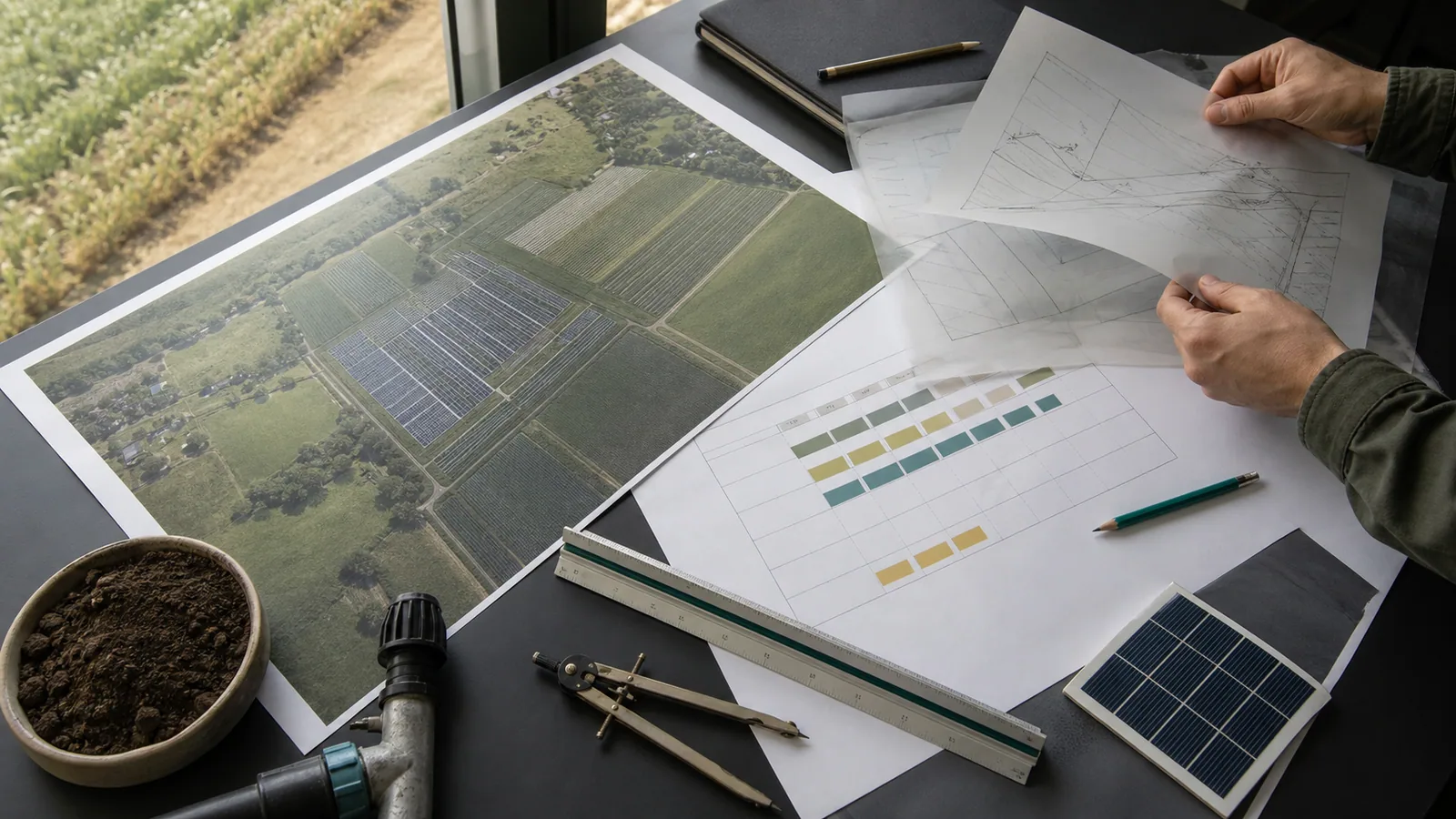 Planungsunterlagen, Bodenprobe und Solarmodul-Muster für einen Agri-PV-Projektcheck
