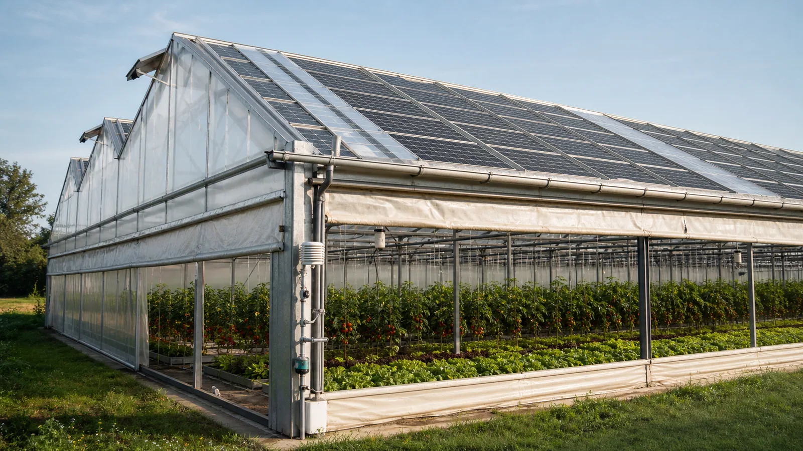 PV-Gewächshaus mit Solarmodulen im Dach und aufgerollten Folienwänden