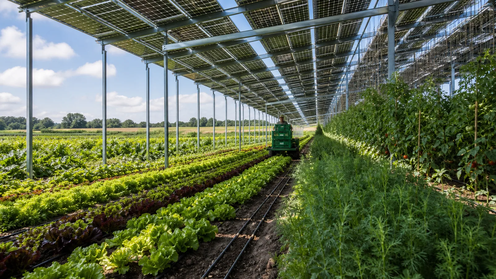 Gemüse- und Kräuterreihen unter einem lichtdurchlässigen Agri-PV-Dach
