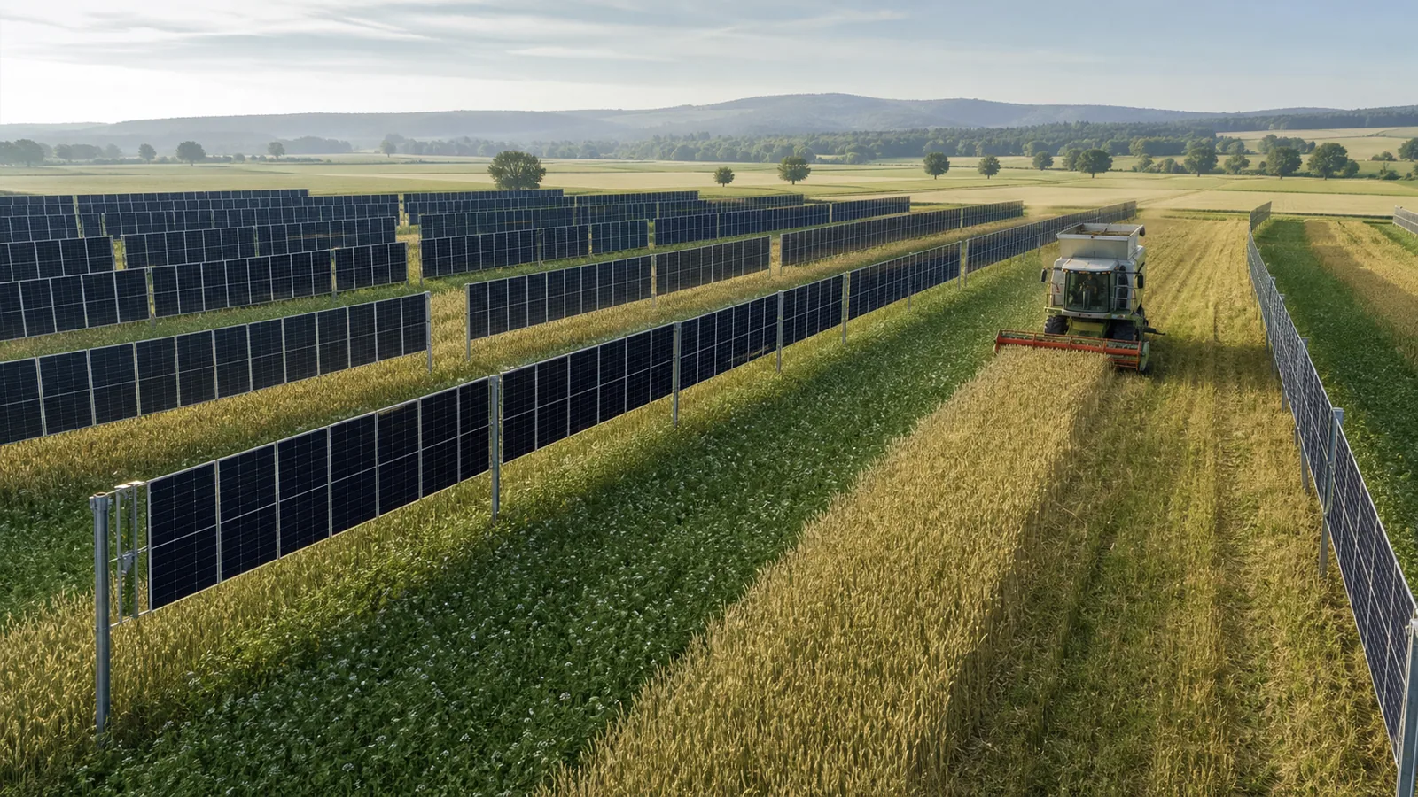 Erntemaschine arbeitet in breiten Gassen zwischen vertikalen Agri-PV-Reihen